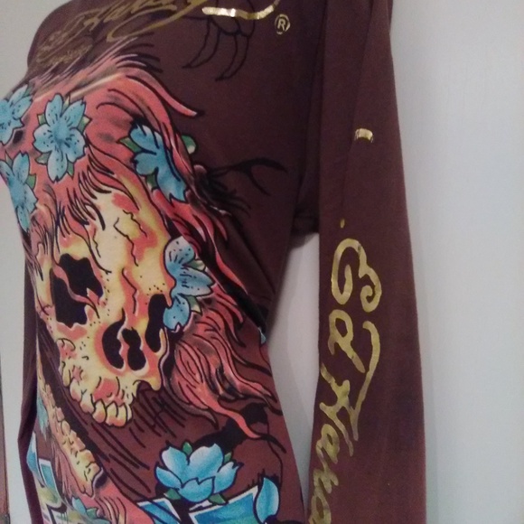 Ed Hardy Brown Long Sleeve Skull Graphics t-shirt Rare Find - Picture 14 of 16